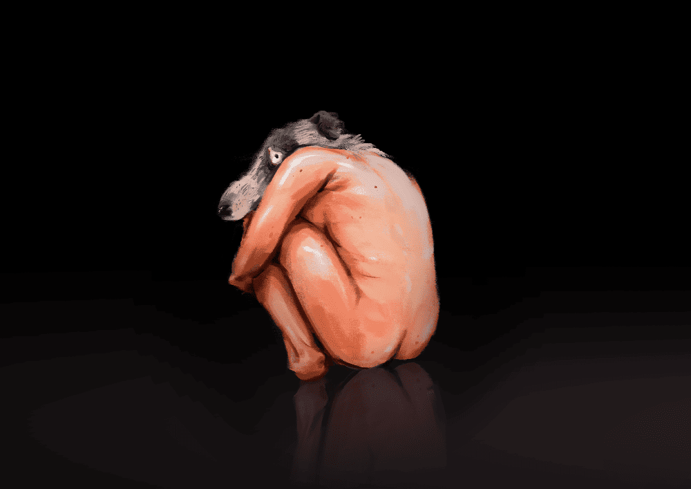 nude body with a dog head hugging itself